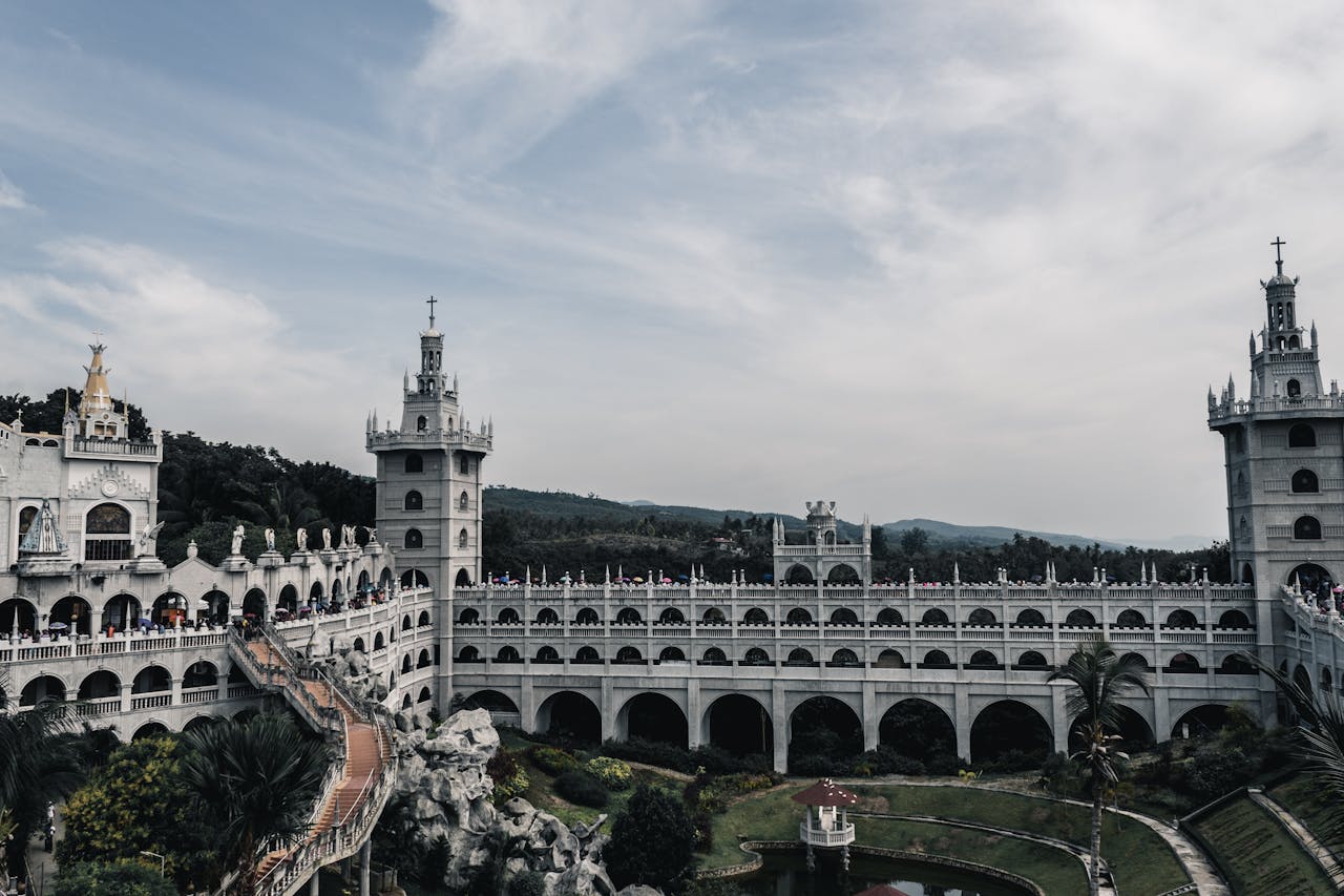 A stunning view of the Simala Shrine's architecture in Cebu City with a vibrant sky.