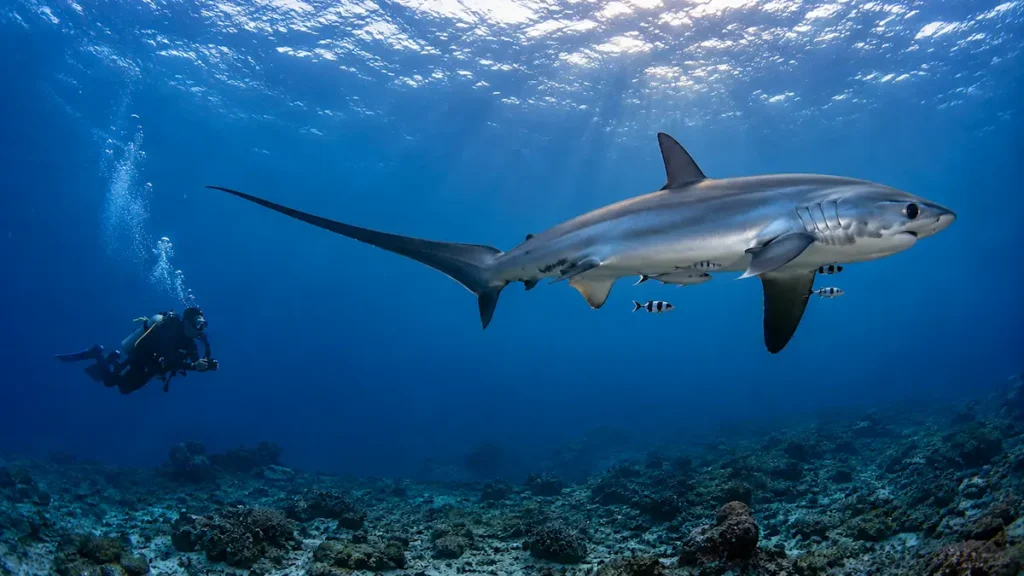 A close underwater view of a large pelagic thresher shark swimming over a rocky seabed with a scuba diver in the background near Malapascua Cebu