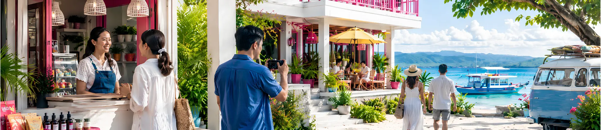 Local business owner, content creator, and travelers at a seaside Cebu café and resort, showing how brands can get featured through local promotions and travel experiences.