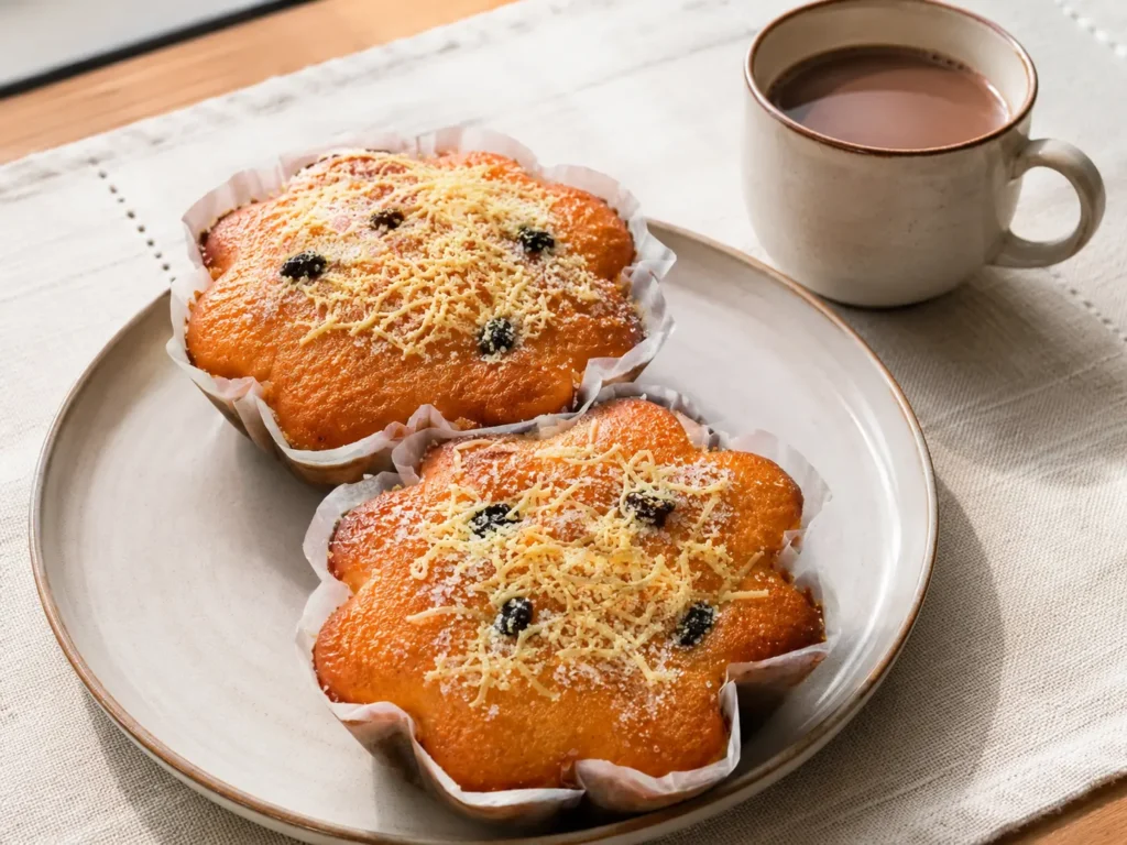 Argao torta topped with grated cheese and raisins, served on a plate with a cup of hot chocolate.