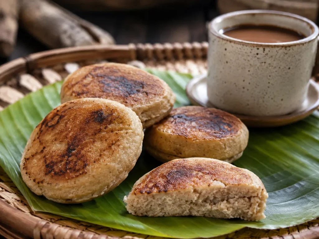 Bingka Dawa millet cakes served on banana leaves with a cup of hot chocolate.