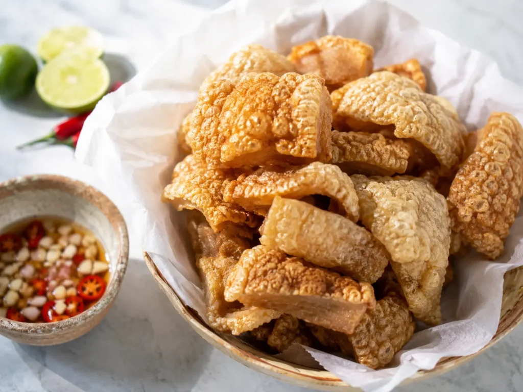Crispy Cebu chicharon in a woven basket with spiced vinegar, chili, and calamansi on the side.