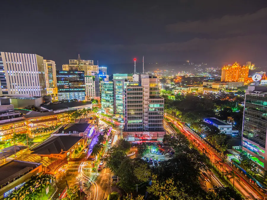 Night skyline of Cebu Business Park, a central city area often considered by first-time visitors choosing where to stay in Cebu.