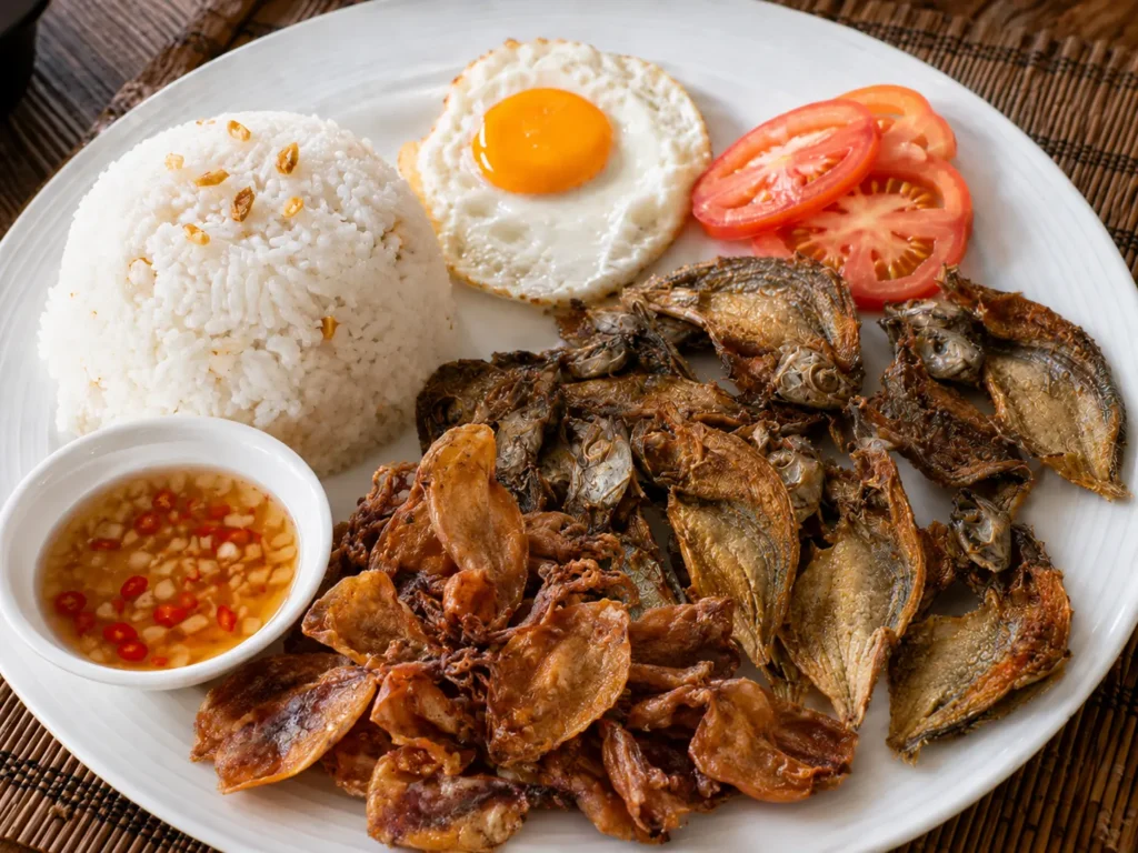 Fried Cebu danggit and dried pusit served with rice, sunny-side-up egg, sliced tomatoes, and spiced vinegar.