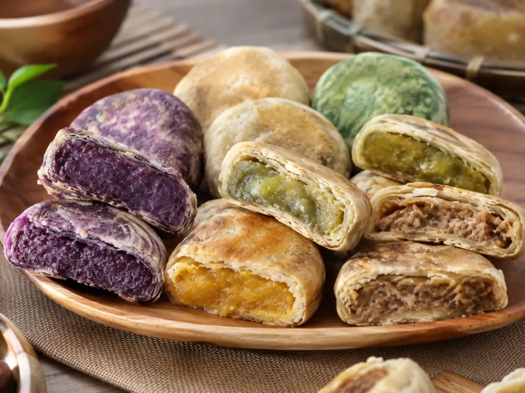 Assorted Cebu hopia pastries with colorful sweet fillings arranged on a wooden plate.