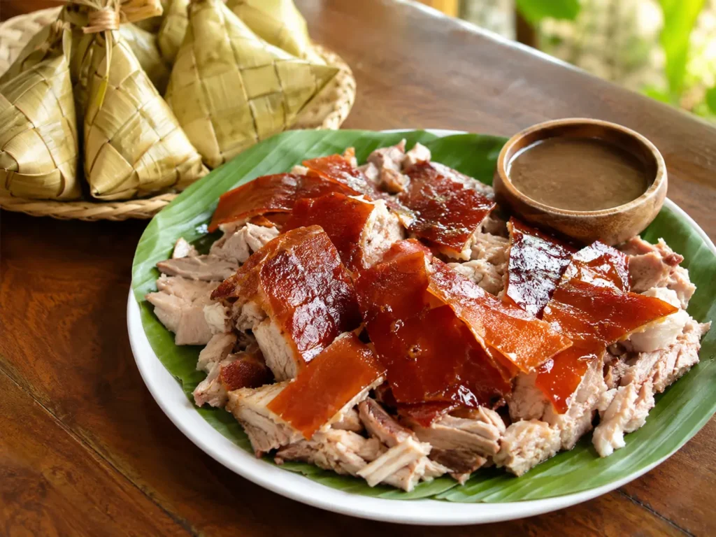 Cebu lechon with crispy pork skin, puso hanging rice, and liver sauce, one of the most popular delicacies in Cebu.