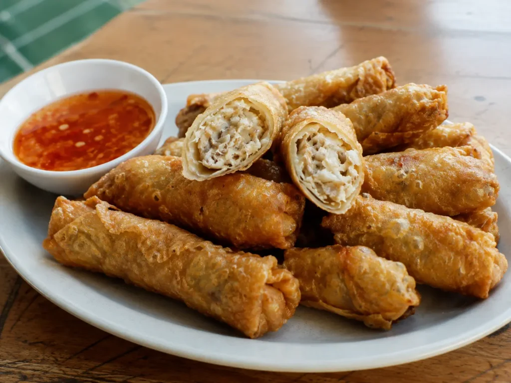 Crispy Cebu ngohiong spring rolls on a white plate with spicy dipping sauce and visible savory filling.