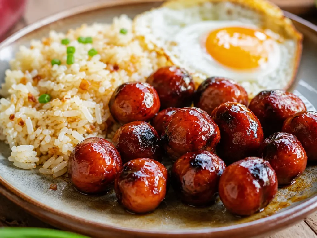 Chorizo de Cebu served with garlic rice and a sunny-side-up egg on a breakfast plate.