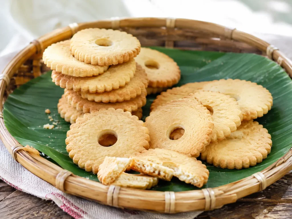 Ring-shaped Cebu rosquillos cookies arranged on a banana leaf-lined woven tray.