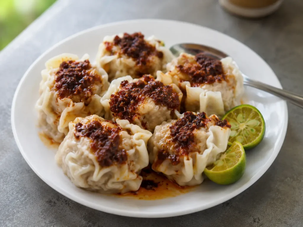 Siomai sa Tisa topped with chili-garlic sauce and served on a white plate with calamansi.